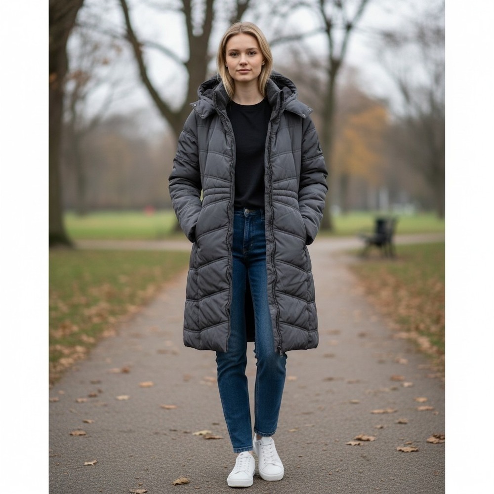Calvin Klein Jeans Girls Gray Puffer Coat Hooded Fleece Lined Jacket Size M 8/10